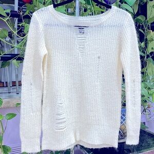 New Wet Seal Ivory Distressed Soft Ribbed Knit Crewneck Sweater Women's Size S